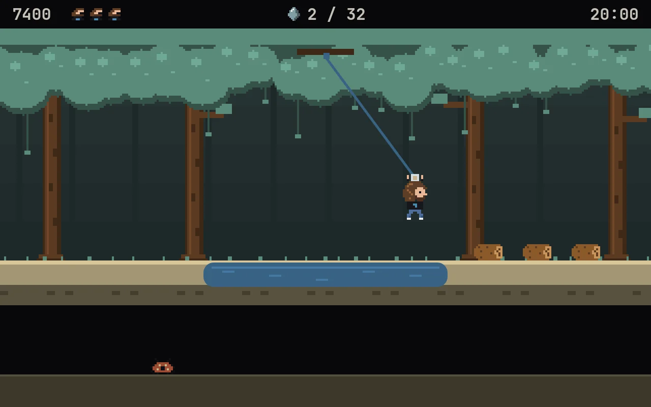 The hero swinging on a blue ethernet cable over a swamp