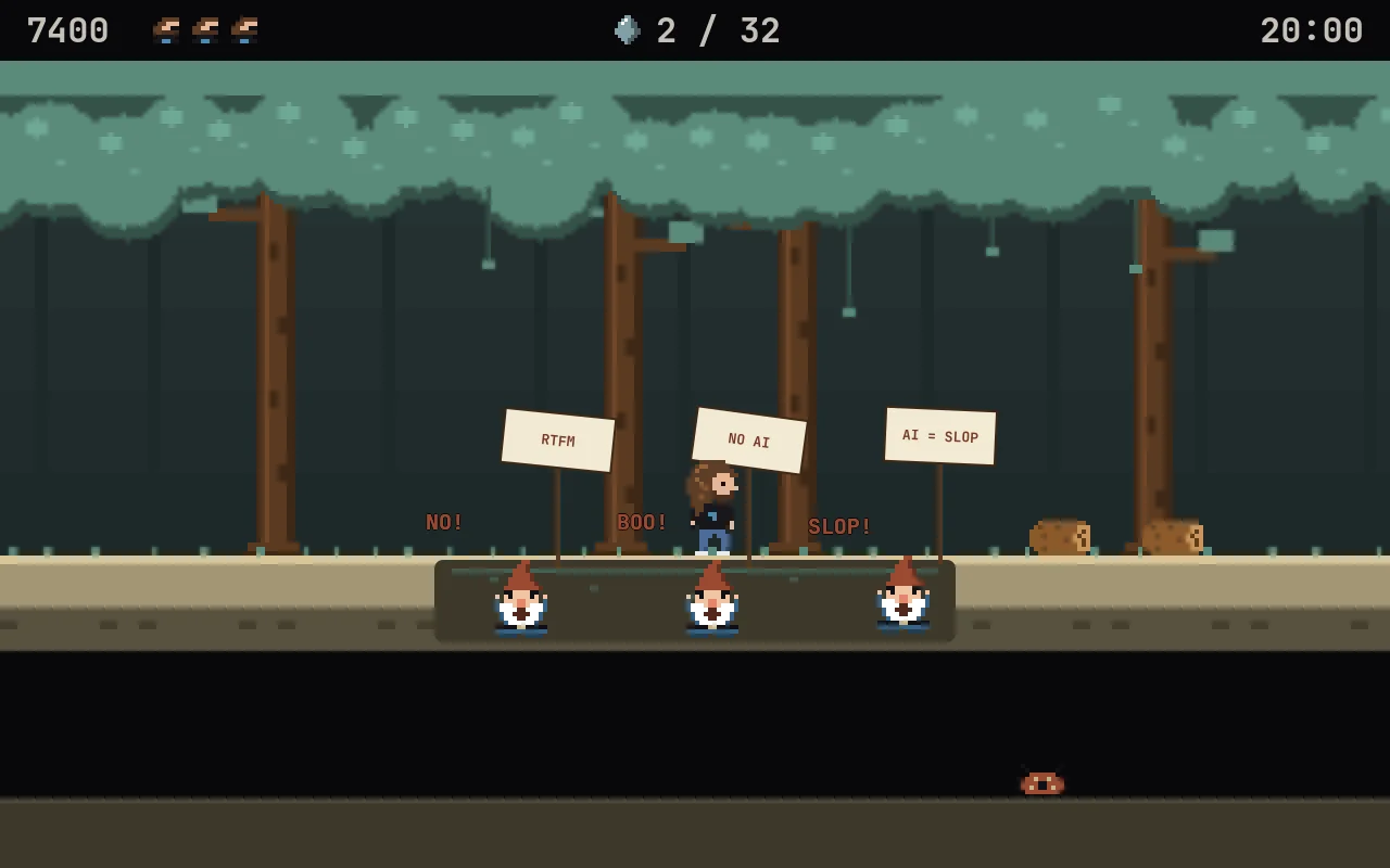 The hero on a gnome's hat while the gnomes yell under signs reading RTFM, NO AI and AI = SLOP