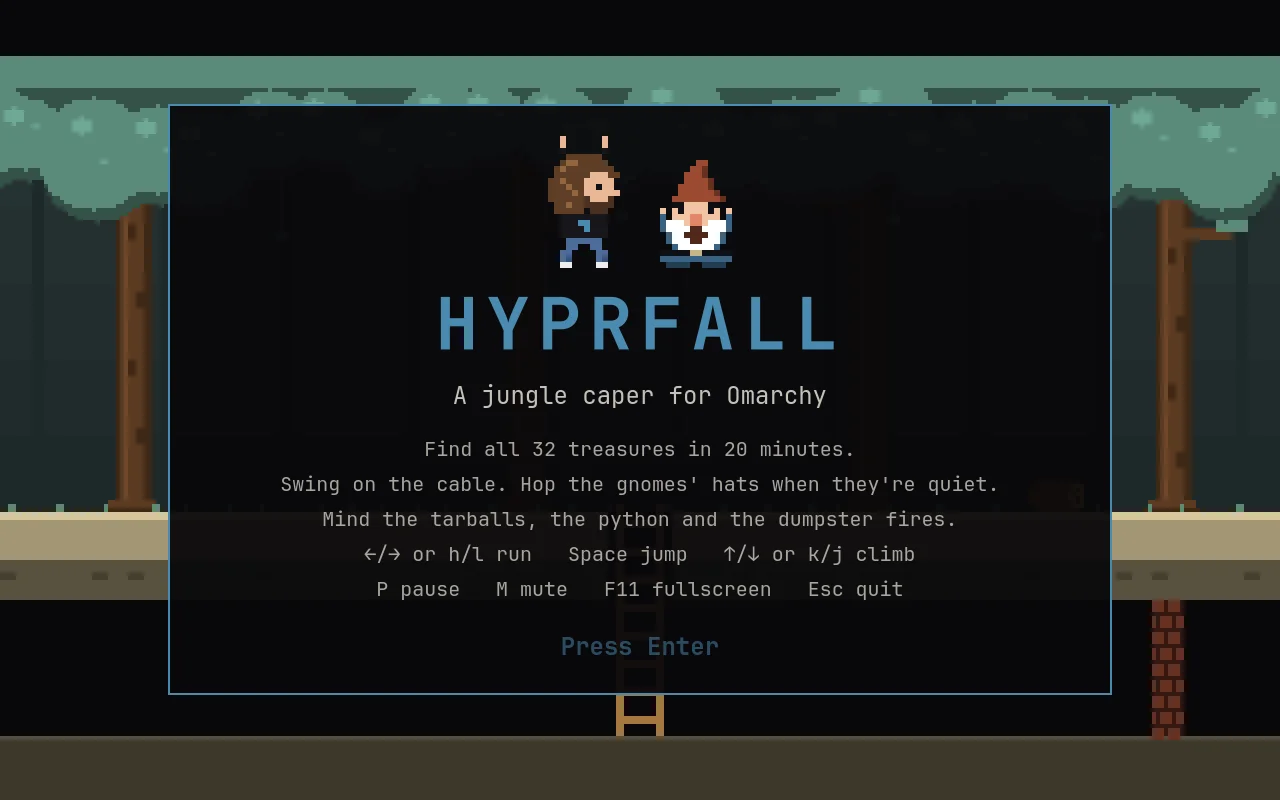 The Hyprfall title screen over a pixel-art jungle